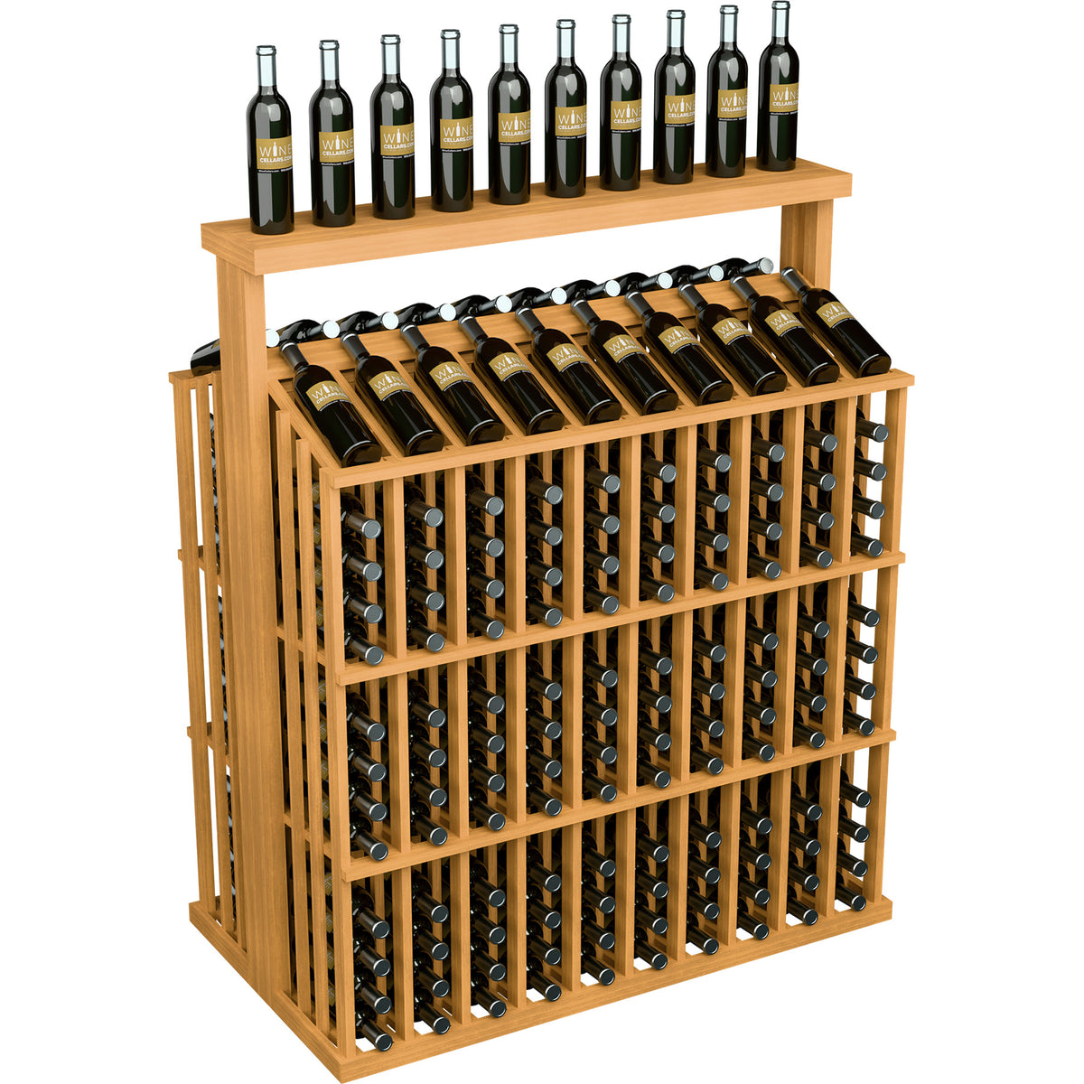 Light wooden bottle display rack with solid top and bottle storage in front grid.