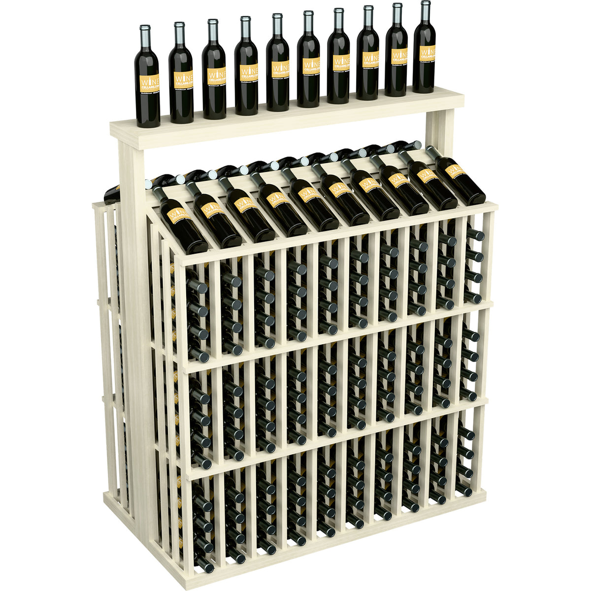 White wooden bottle aisle display with solid top, holds multiple bottles in a grid