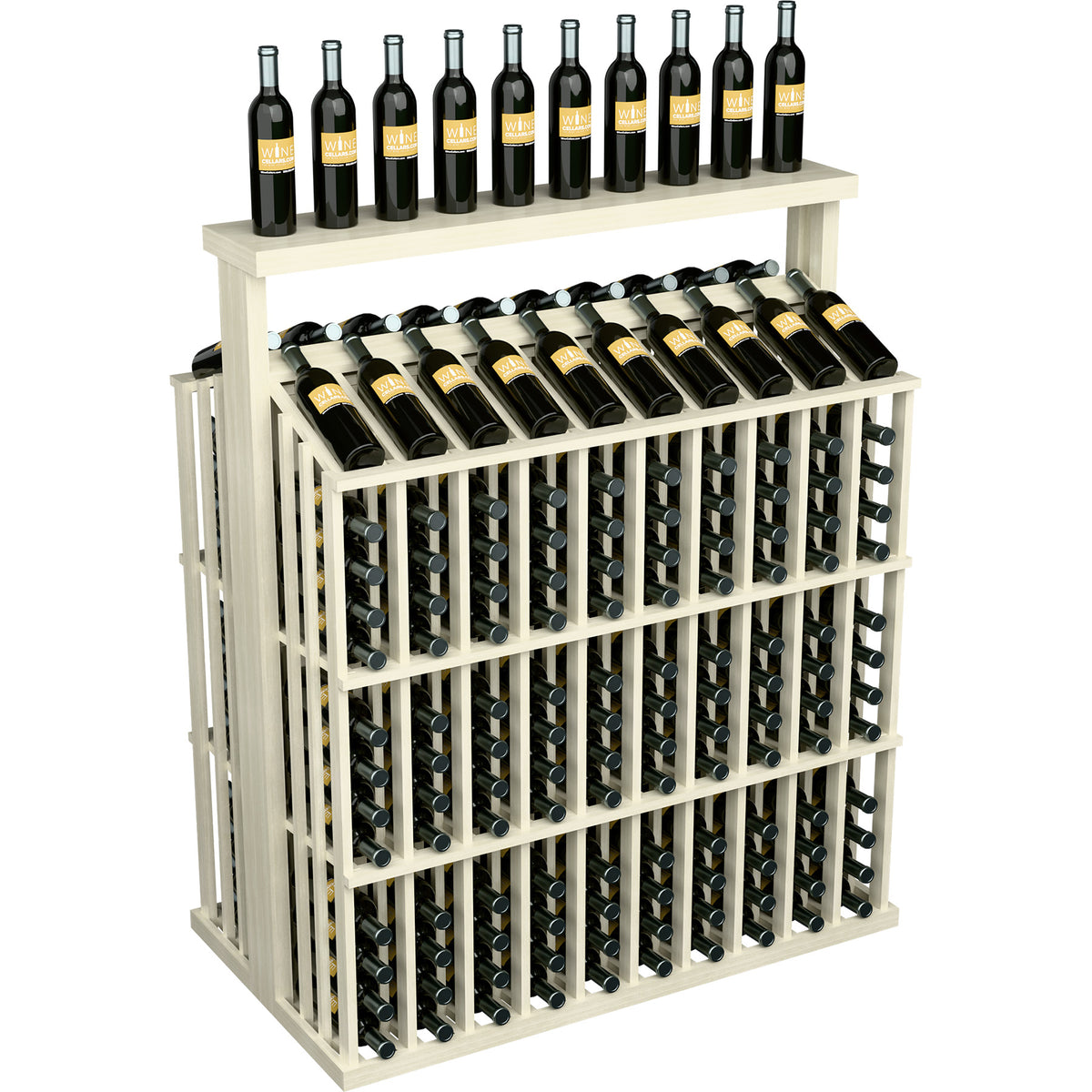 Commercial wine bottle display with solid top, white frame, front and top rows of bottles