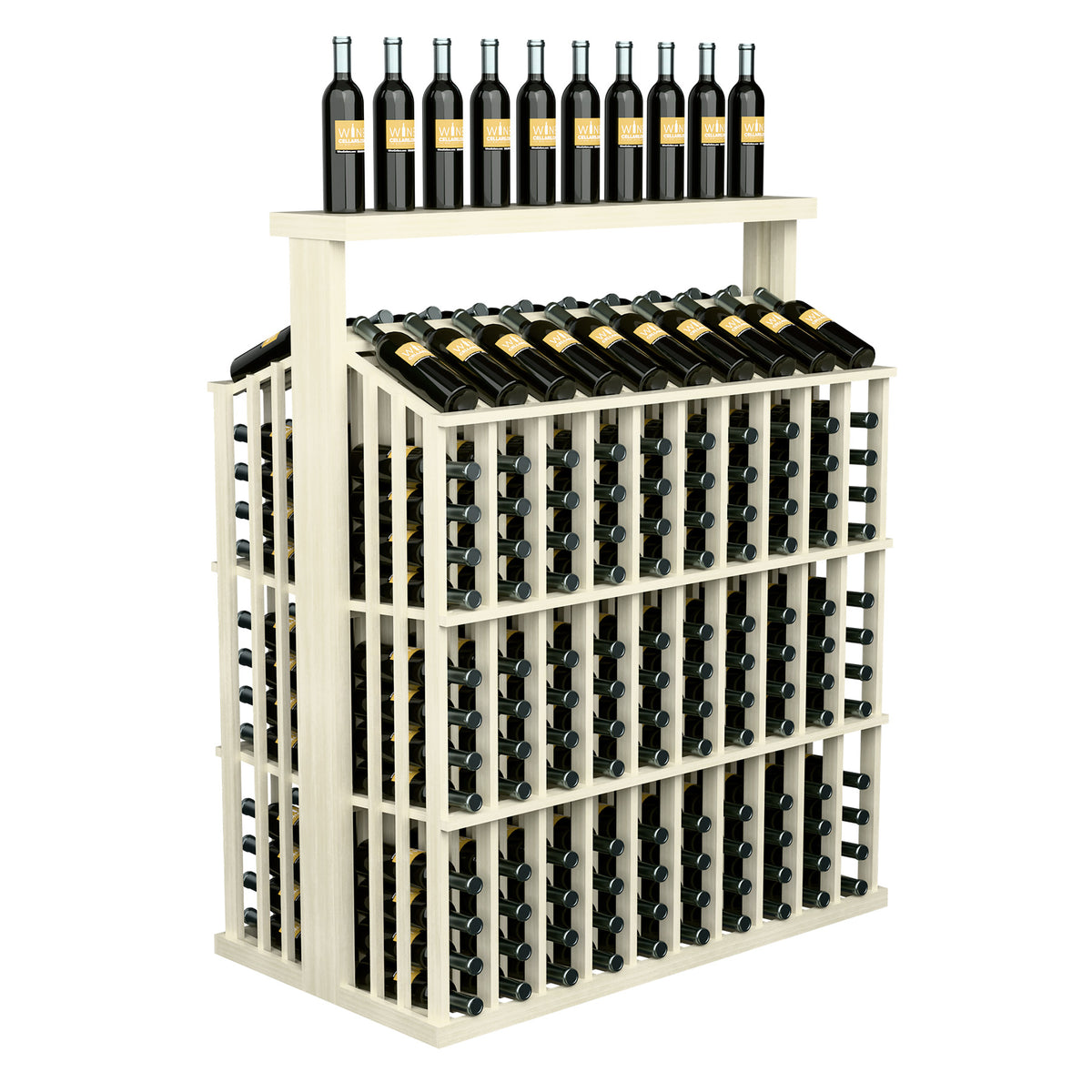 Commercial wine bottle display with solid top, white frame, bottle slots on front and top