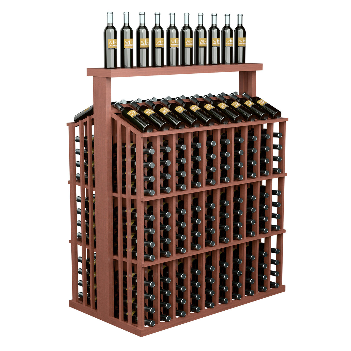 Wine bottle display rack with solid top, reddish wood frame and bottle holder grid