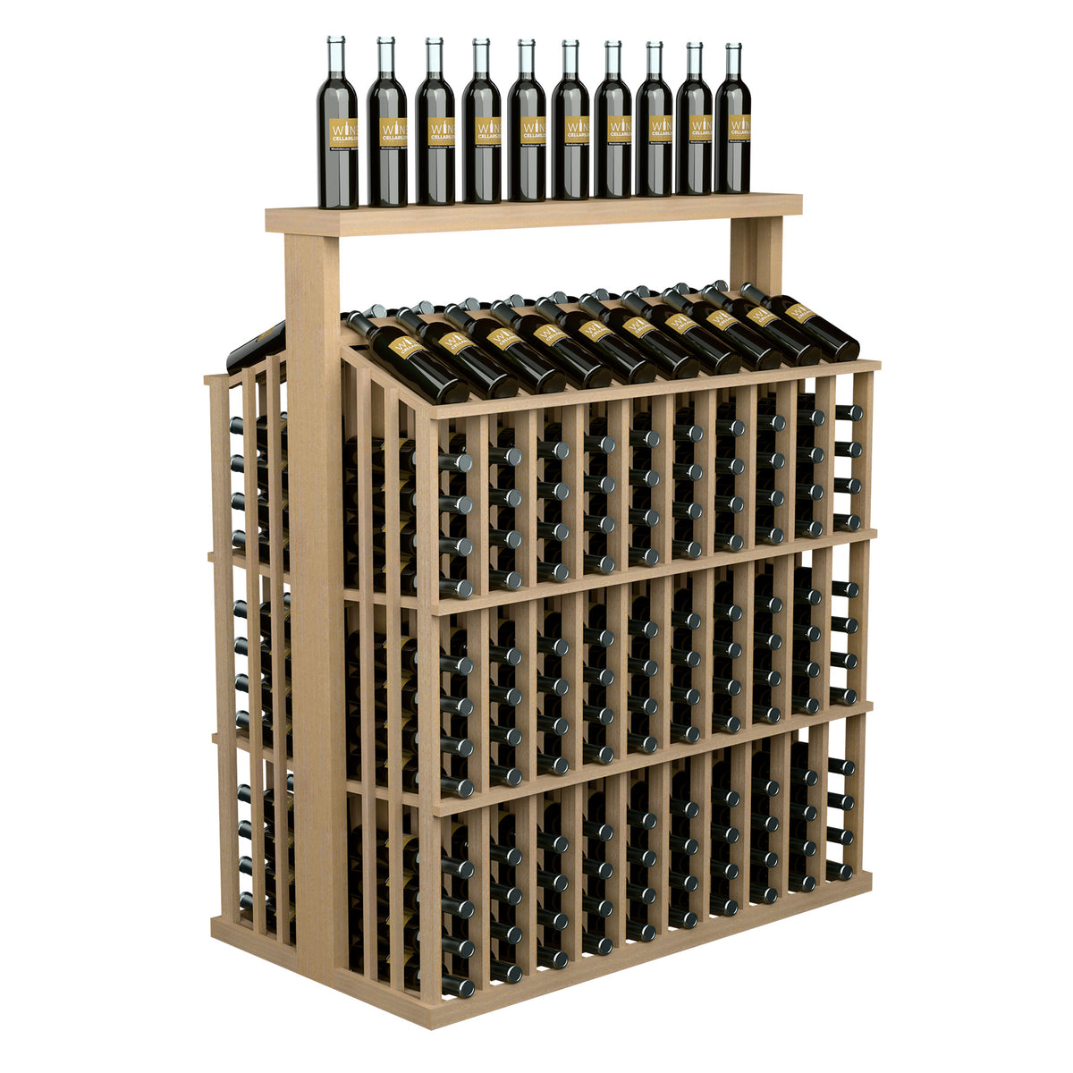 Light wood wine bottle display rack with solid top and front bottle grid