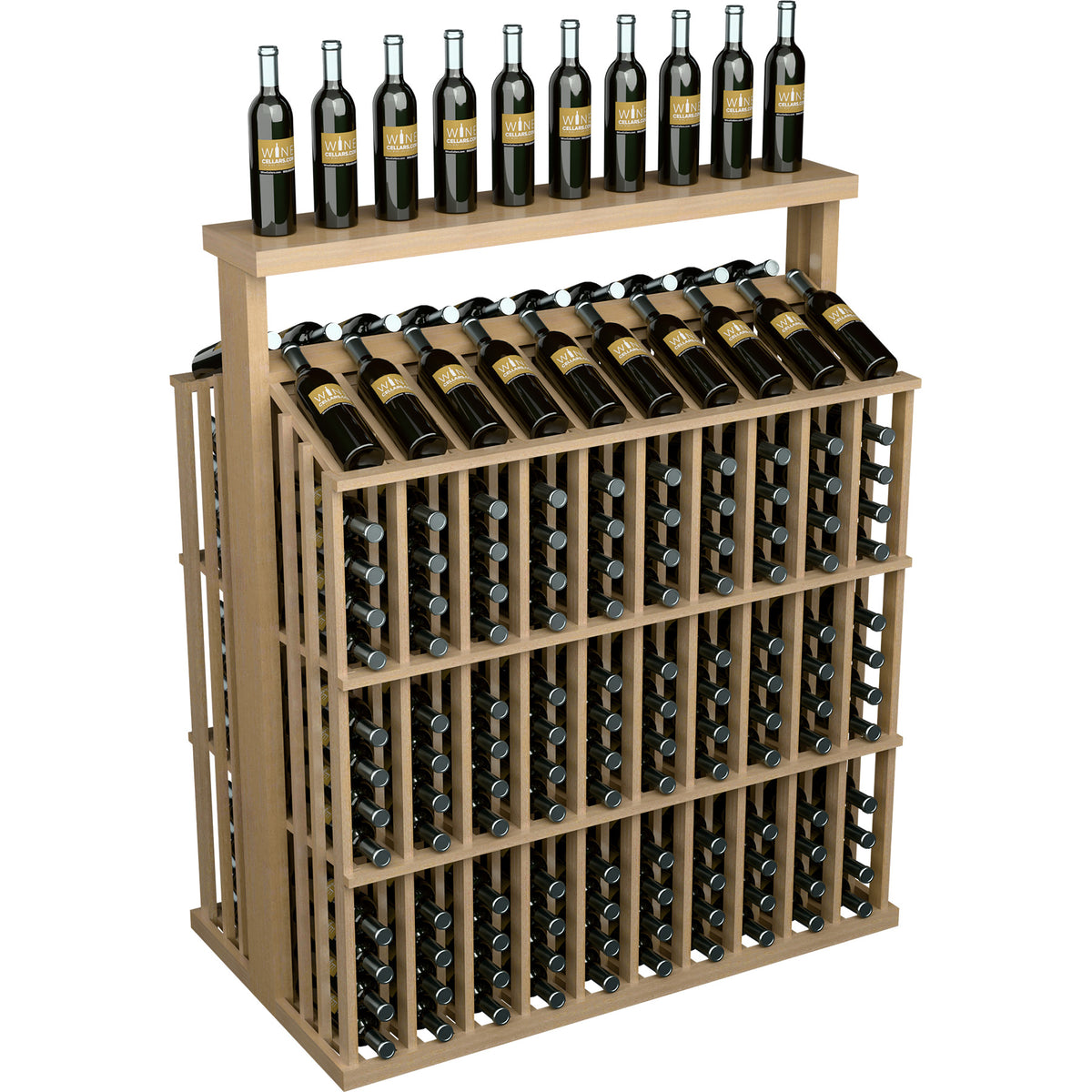 Wine bottle display rack with solid top, light wood frame and bottle holder grid