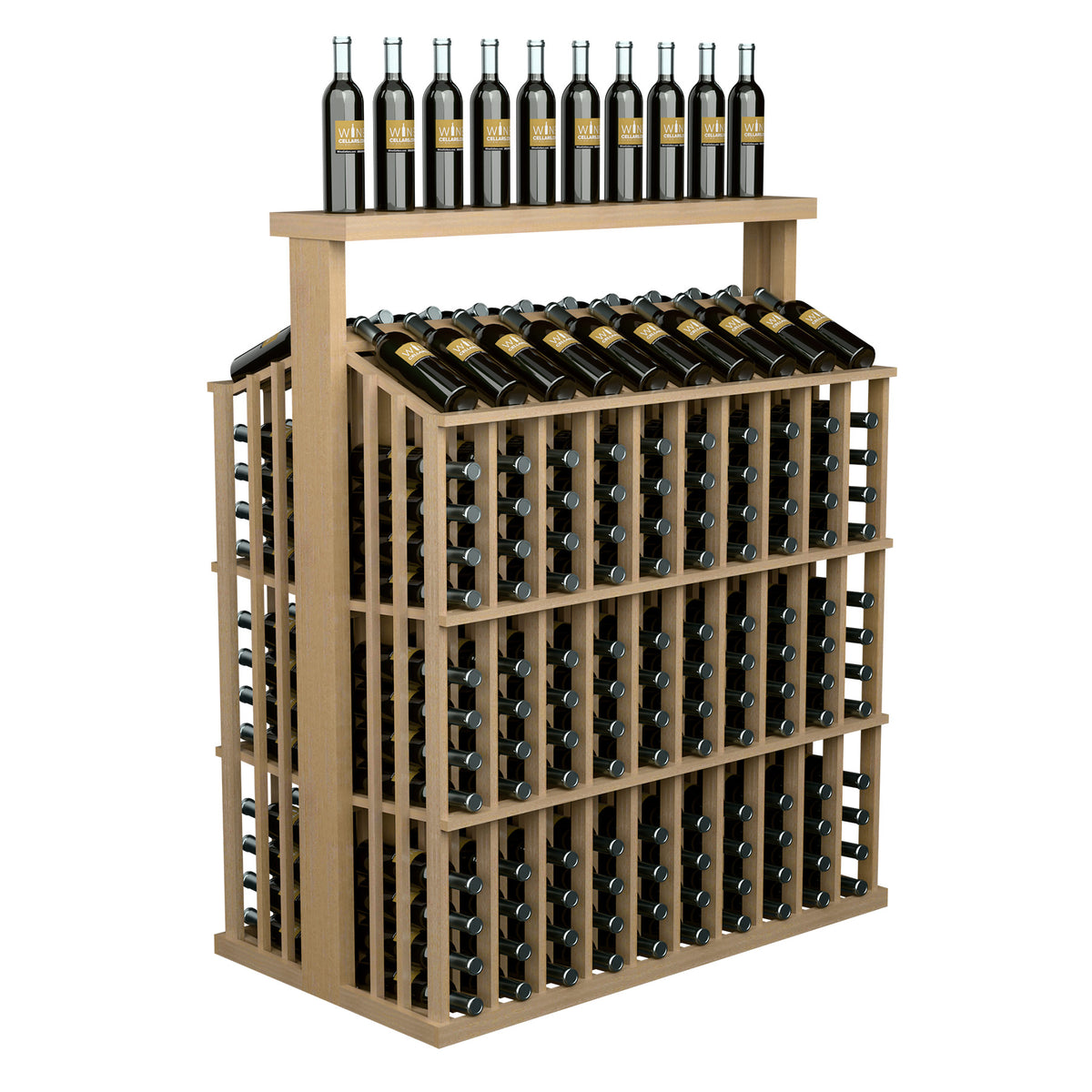 Wine bottle display rack with solid top, light wood frame holding upright and angled bottles