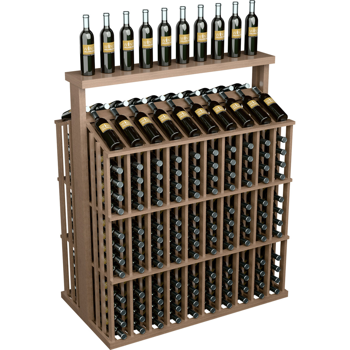 Wine bottle display rack with solid top, light wood frame with bottle holder grid