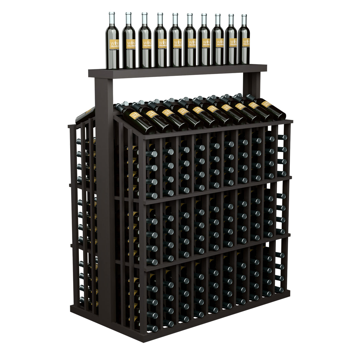 Angled dark wood wine bottle display rack with solid top and front bottle openings
