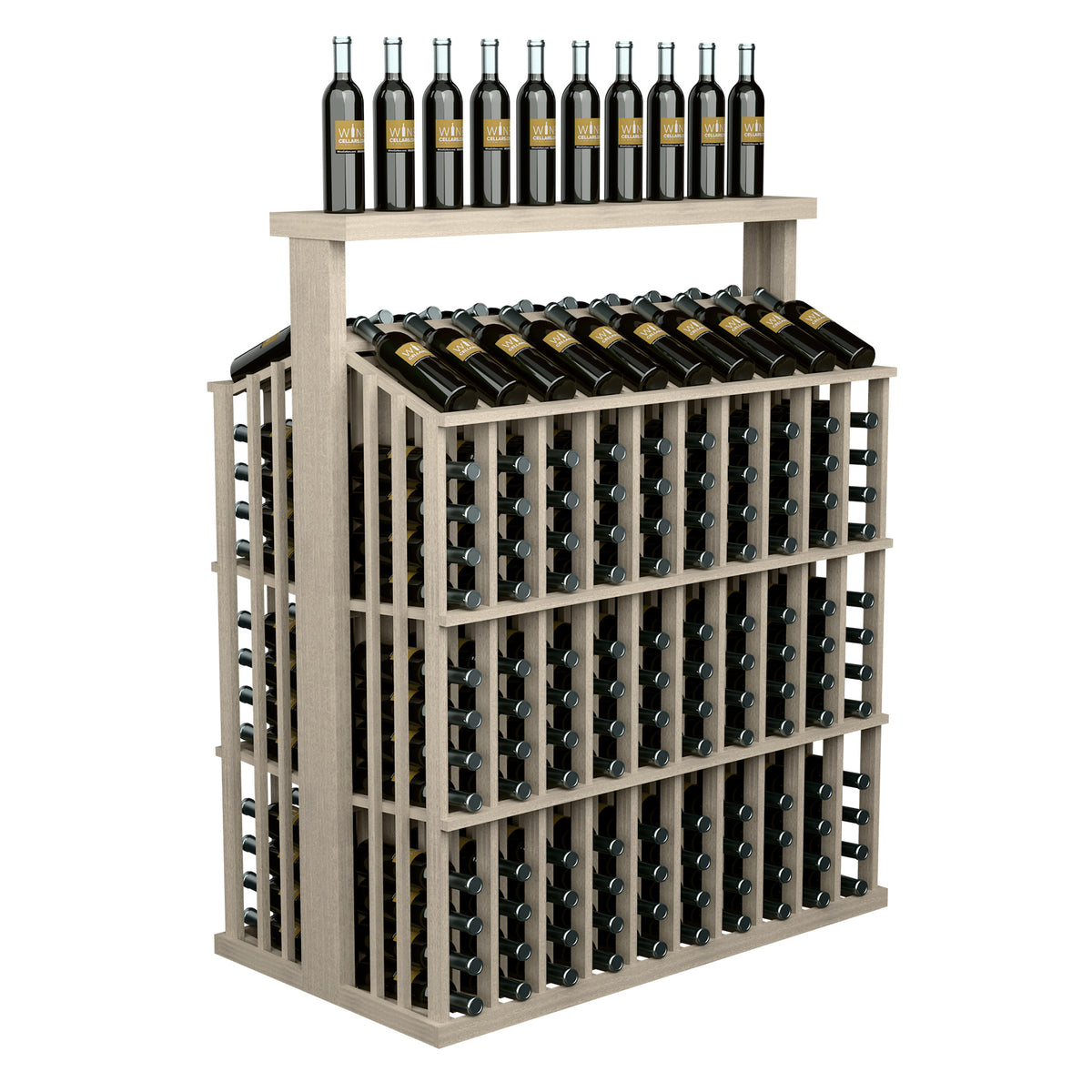 Whitewashed wood wine bottle display with solid top, front bottle rack grid
