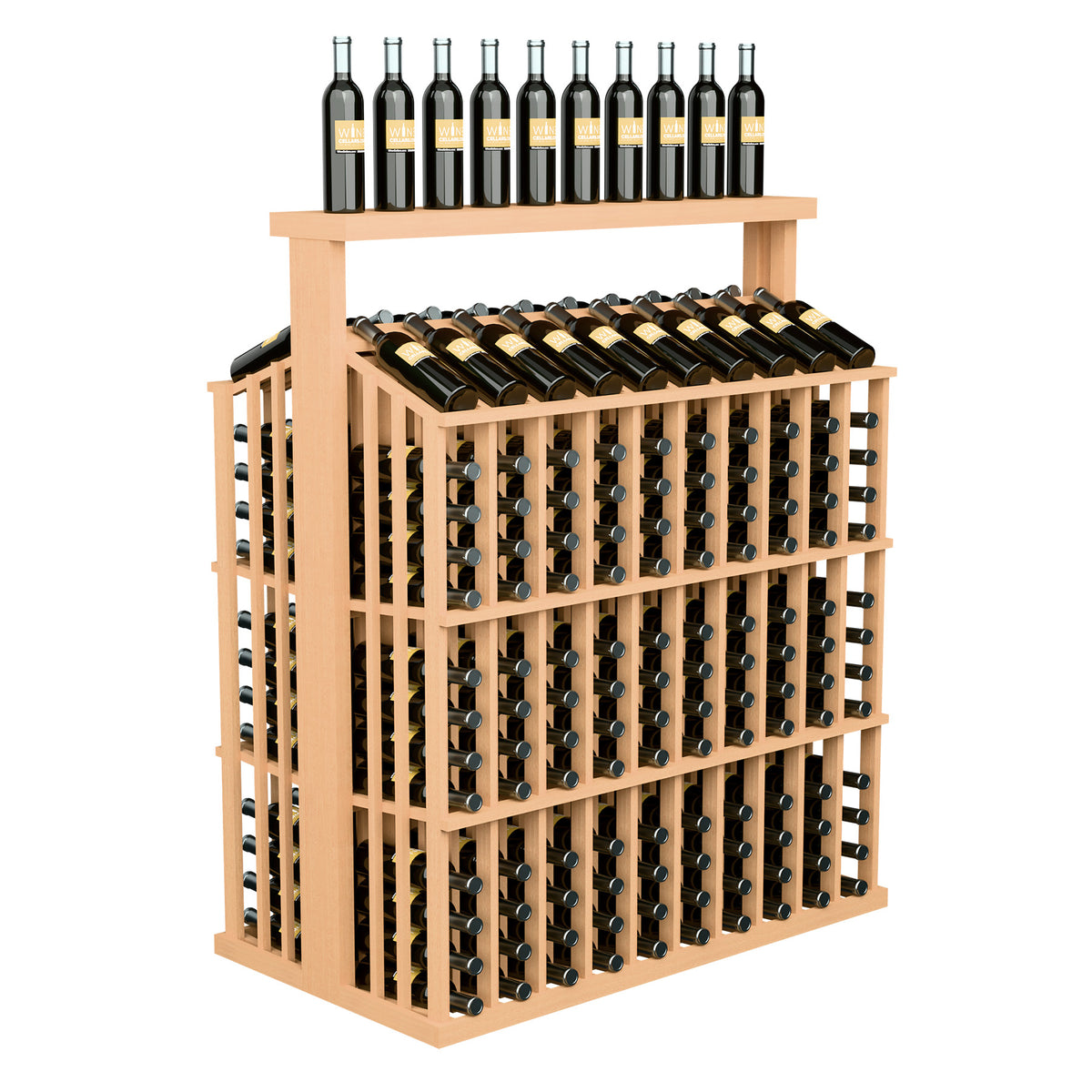 260-bottle commercial wine display with solid top, pale wood frame and slotted bottle racks
