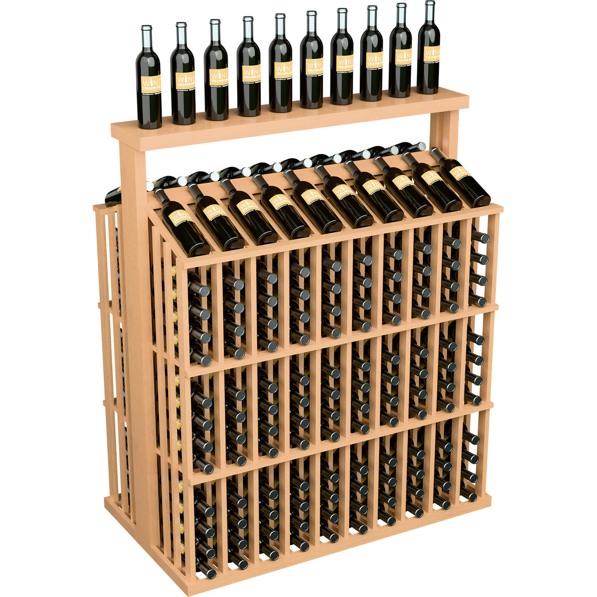 260-bottle commercial wine display with solid top and wooden frame holding wine bottles