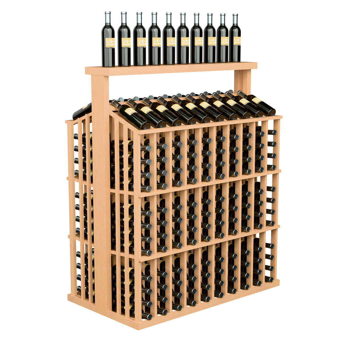 260-bottle commercial wine display with solid top and bottle grid in light wood