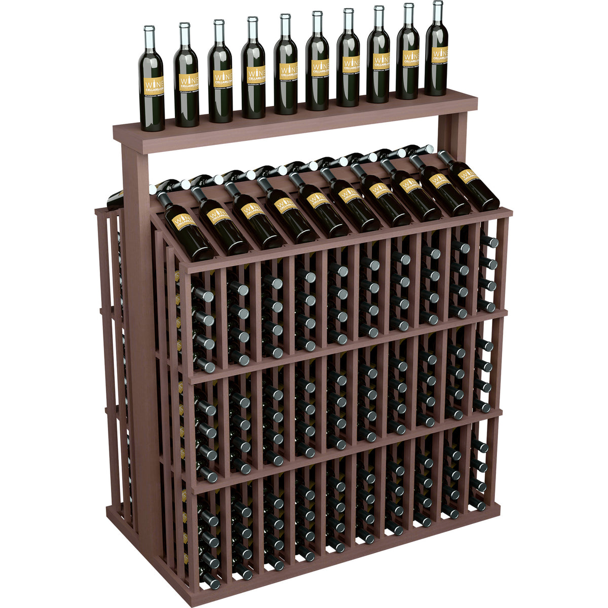 Dark wood wine bottle display with solid top, slanted bottle row and front grid