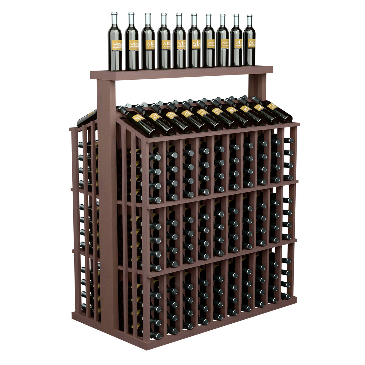 260-bottle commercial wine display with solid top, dark wood frame and bottle organizer grid
