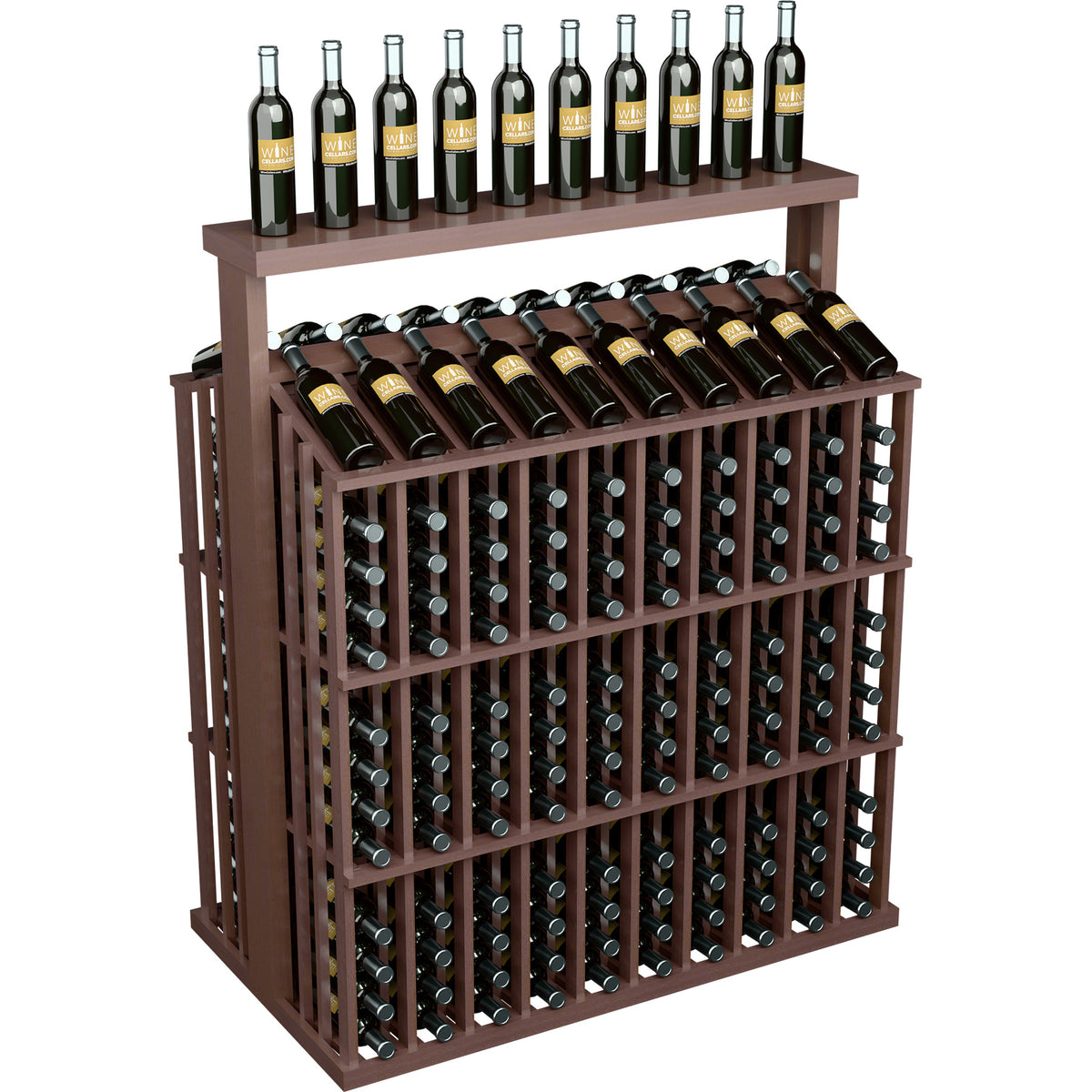 260-bottle commercial wine display with solid top, dark wood frame, bottle grid