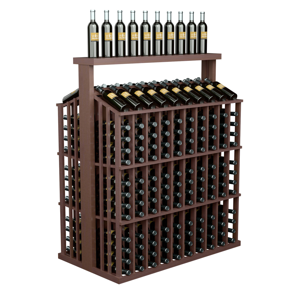 260-bottle commercial wine display with solid top, rich dark wood, bottle holder grid