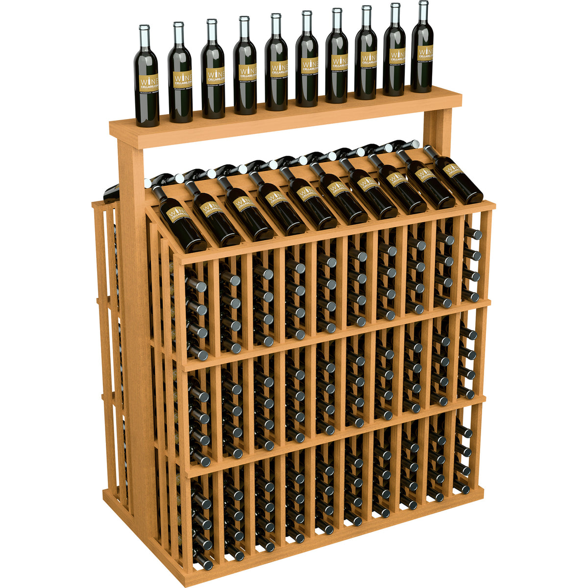 Wooden bottle display rack with solid top and bottle holders in front grid rows.