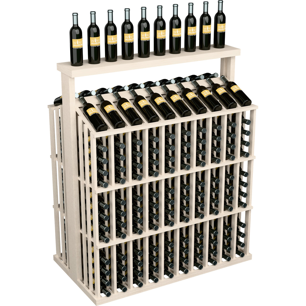 White wooden bottle aisle display with solid top and bottle rack grid on three sides