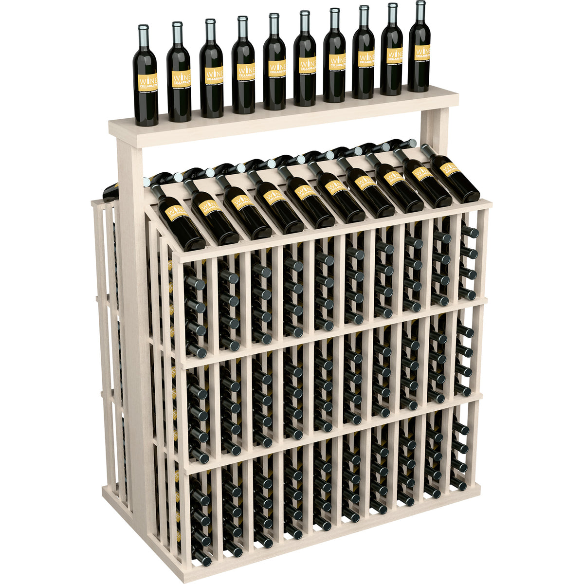 260-bottle commercial wine display with solid top and bottle holder grid, white wood