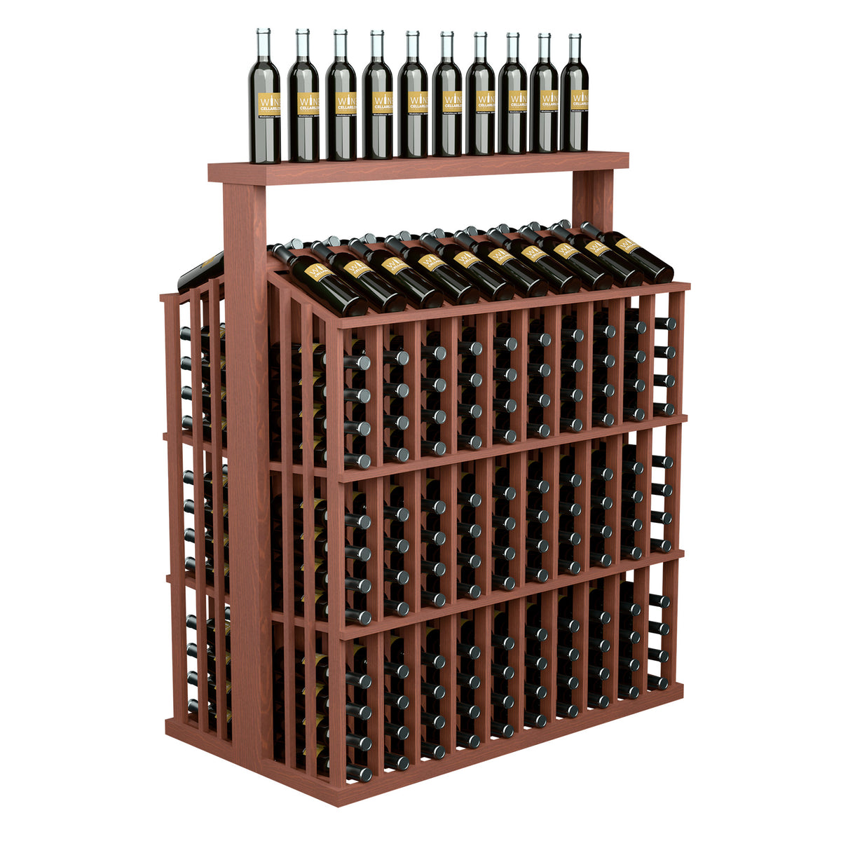 Brown wood wine bottle aisle display with solid top and stacked front bottle holder openings