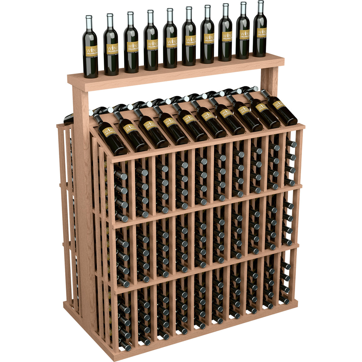 Medium wood bottle display rack with solid top and front grid bottle holders.