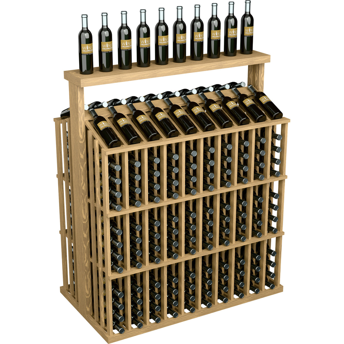 Light wood wine bottle rack with solid top and glass bottle compartments