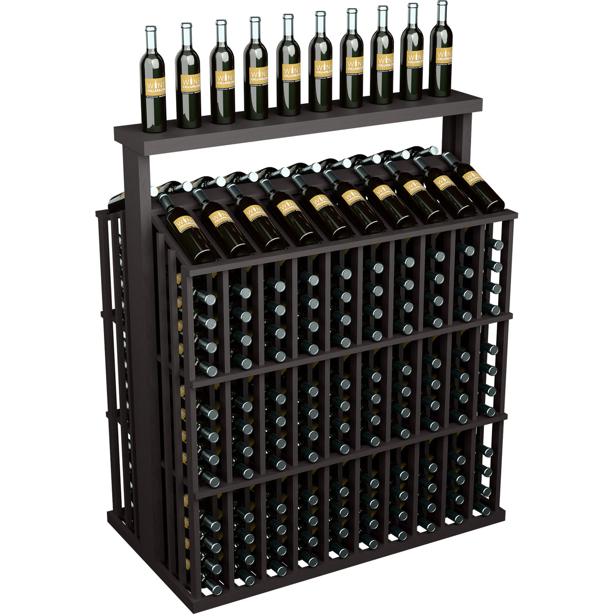 260-bottle commercial wine display with solid top, dark brown frame and stacked bottle rows