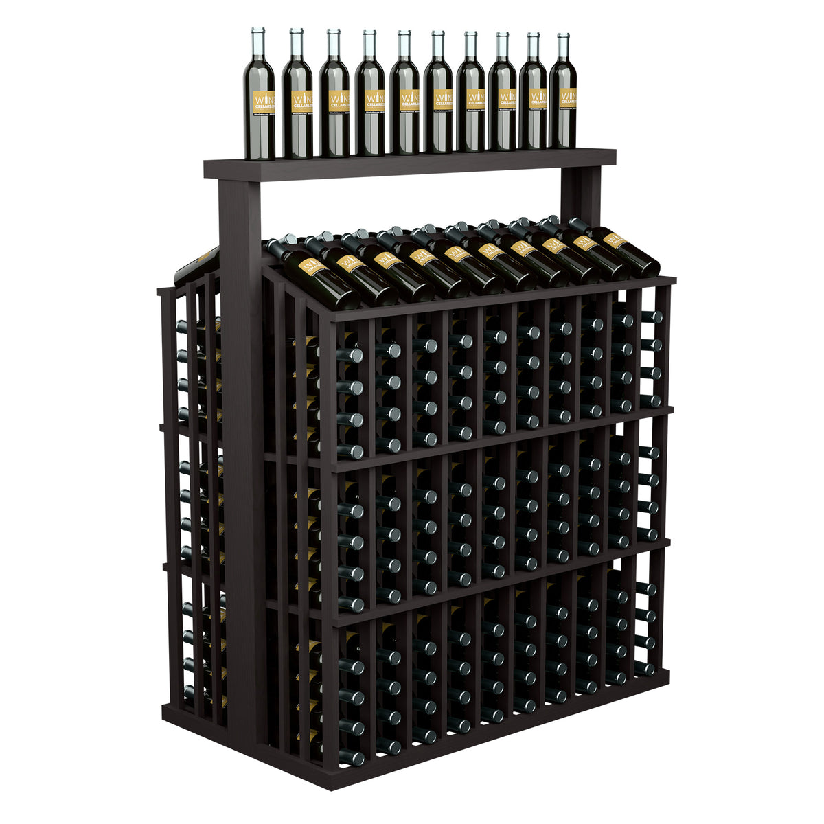 Dark wood wine bottle display rack with solid top and front bottle slots