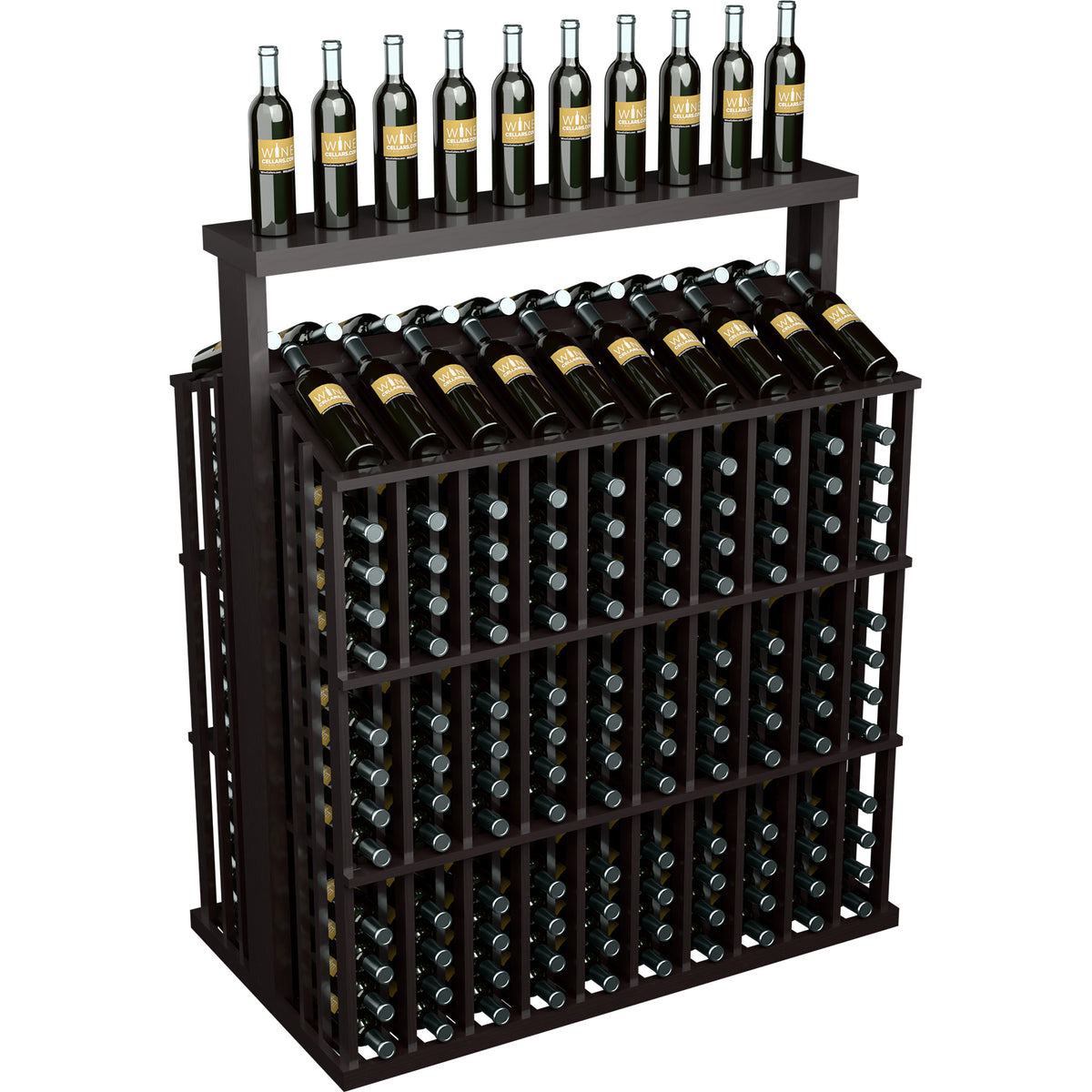 Commercial wine bottle aisle display with dark wood frame and solid top, bottle cradles and shelves