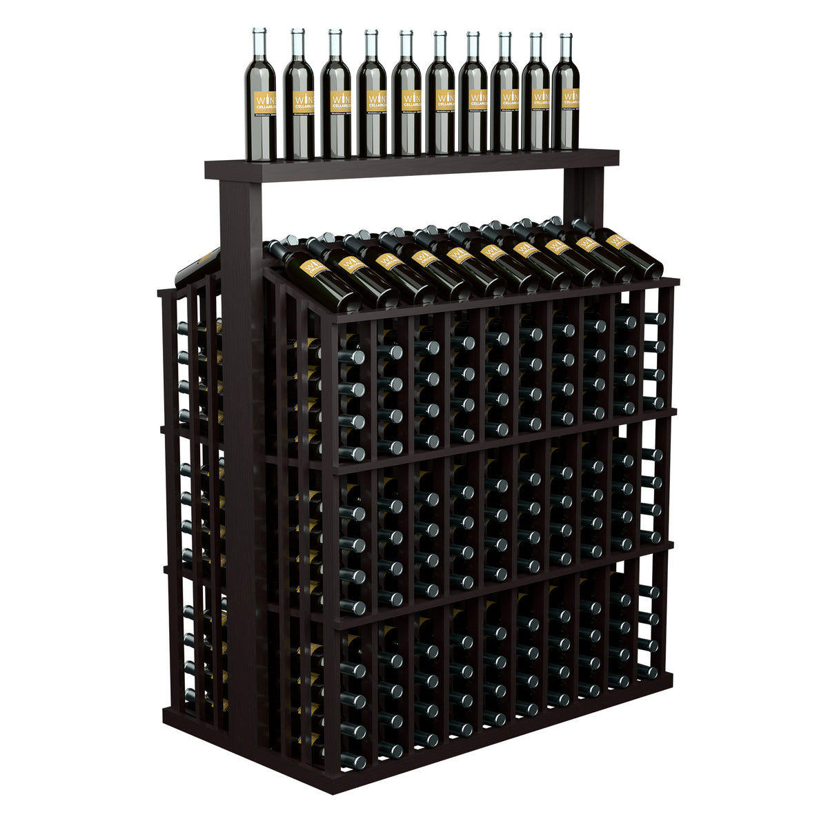 Commercial wine bottle aisle display with dark wood frame and solid top, bottles arranged above and inside