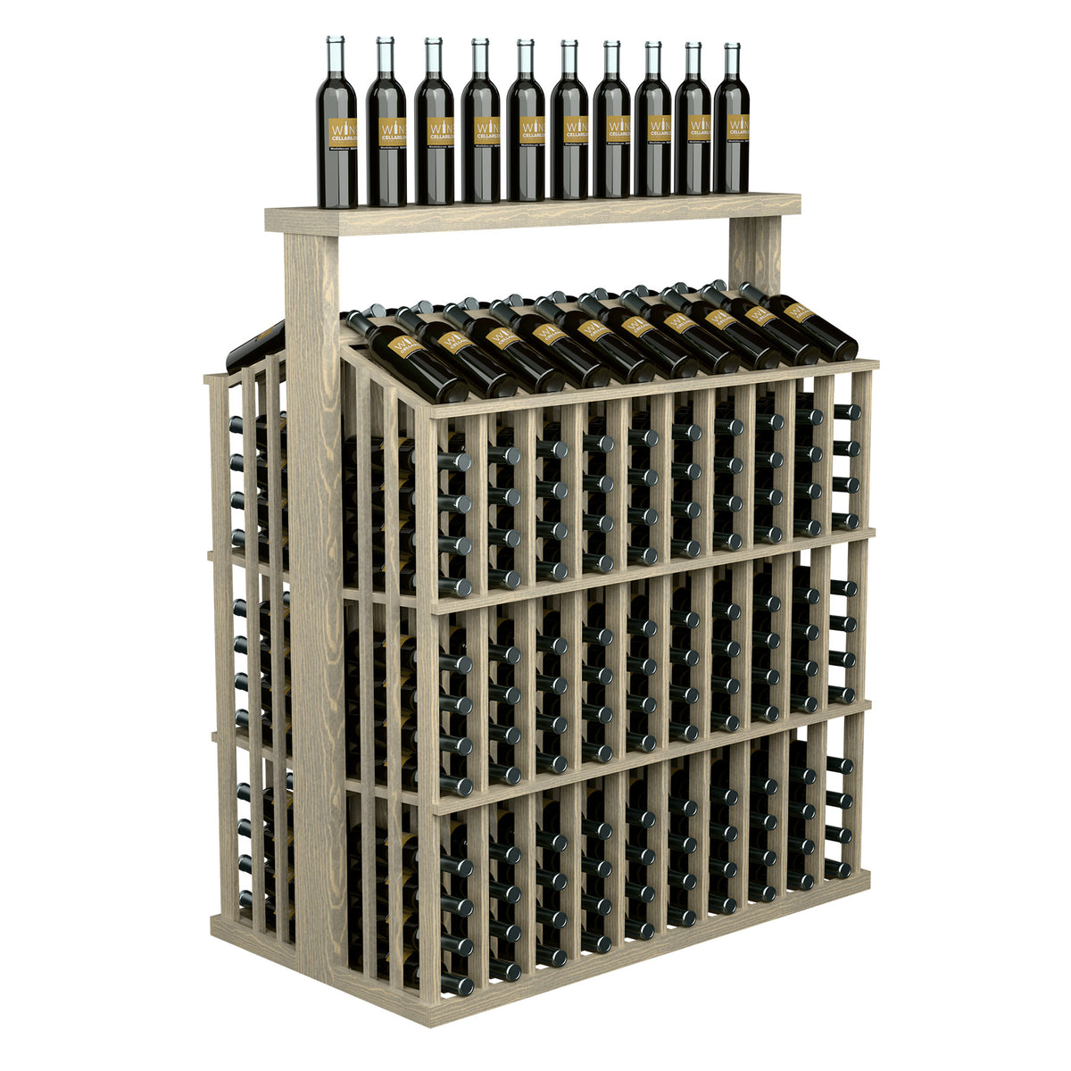Commercial bottle aisle display with solid top, natural wood frame, front lattice and bottle slots.