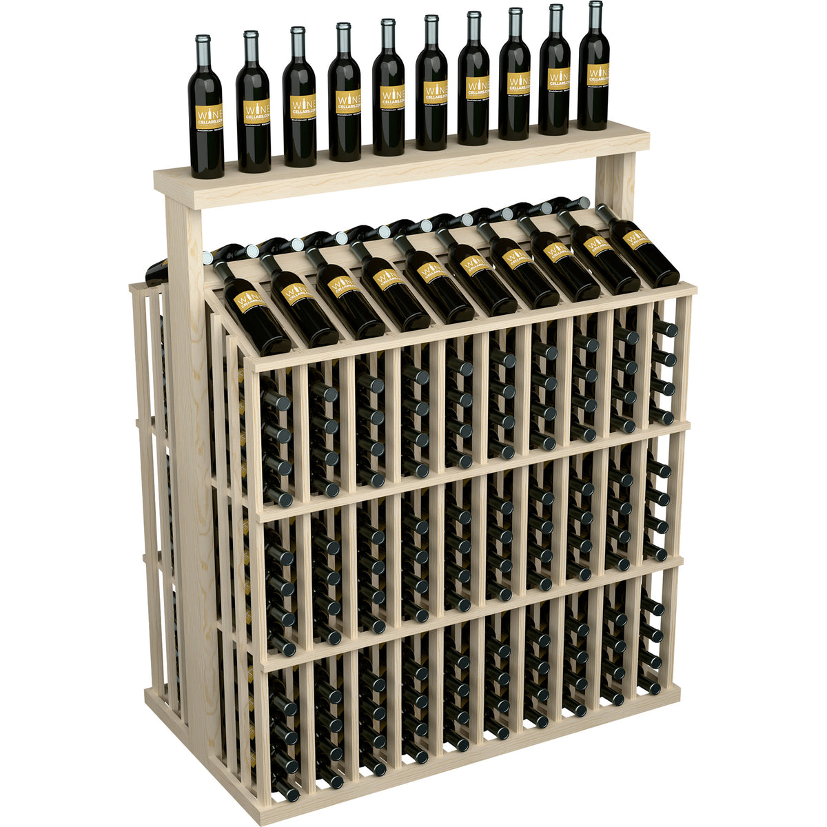 White wooden bottle aisle display with solid top, bottle rack grid with multiple bottles