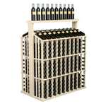 Natural wood wine bottle aisle display with solid top, front rows of bottle slots