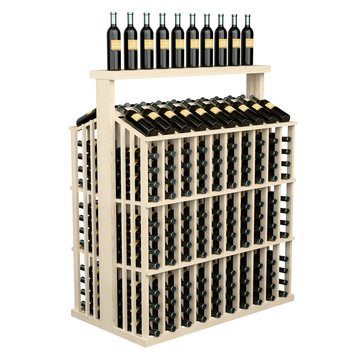 Natural wood wine bottle aisle display with solid top, front rows of bottle slots