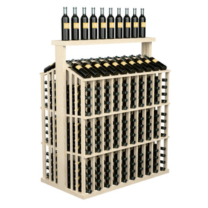 Natural wood wine bottle aisle display with solid top, front rows of bottle slots