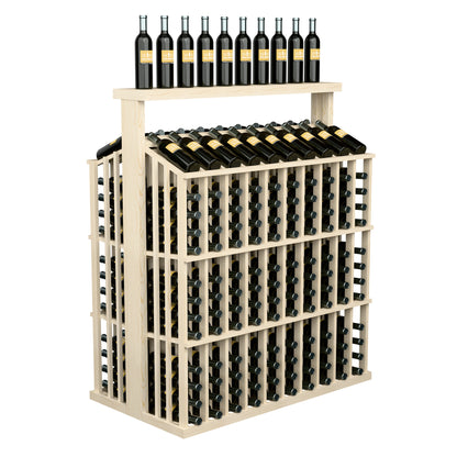 Natural wood wine bottle aisle display with solid top, front rows of bottle slots
