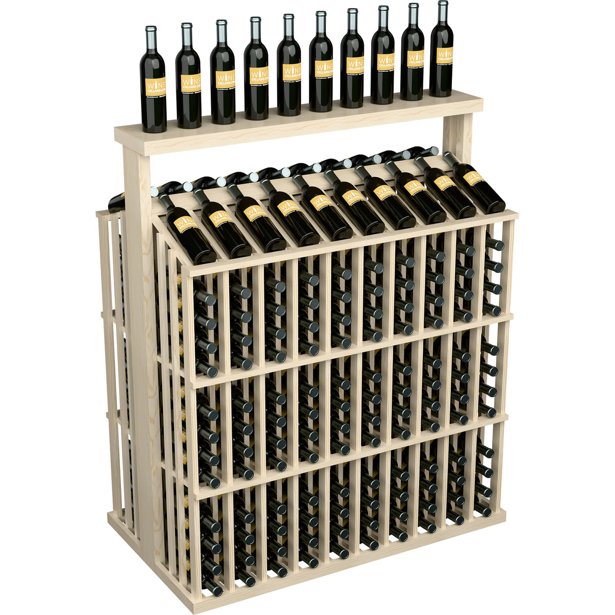 Commercial bottle aisle display with solid top, natural wood frame, metal bottle holders and wine bottles.