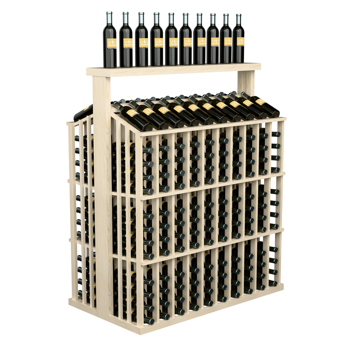 Commercial bottle aisle display with solid top, light wood frame, front metal bottle holder rack.