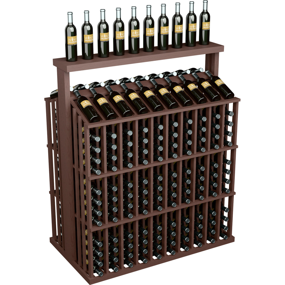Dark brown wine bottle display rack with solid top, slatted sides, bottle cradles
