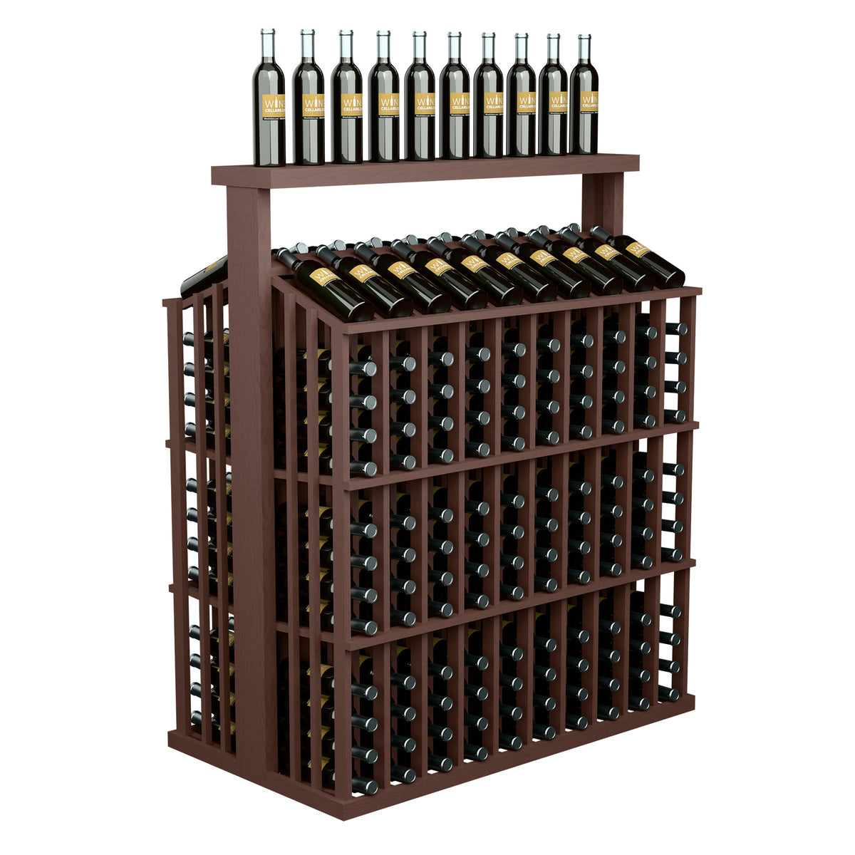 260-bottle commercial wine display with solid top, dark wood finish and slatted sides