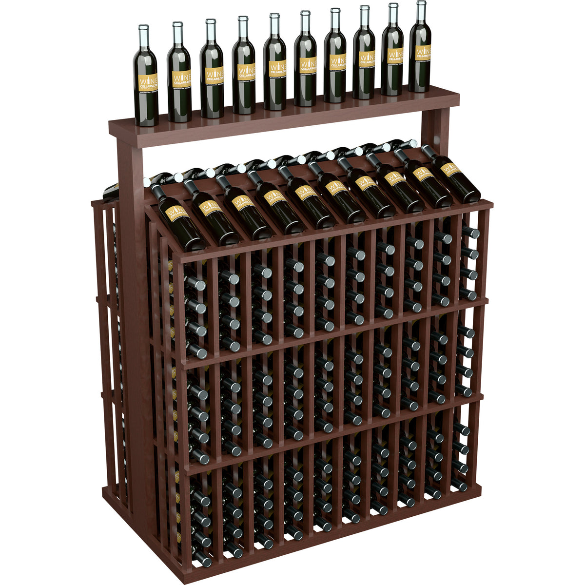 Commercial bottle aisle display with solid top, dark brown wood frame, front metal bottle holders.