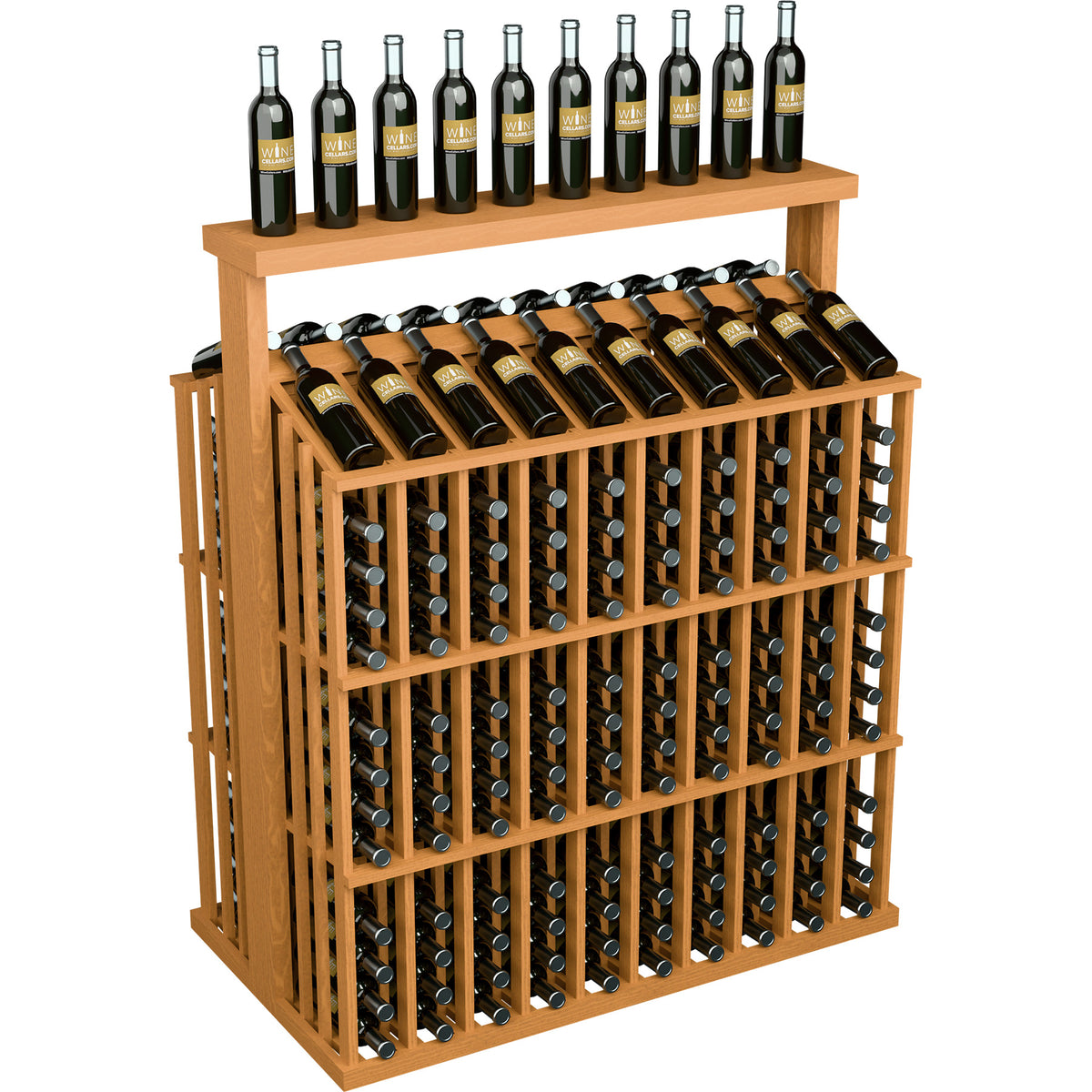 Wooden bottle display rack with solid top, front bottle grid and angled bottle slots.