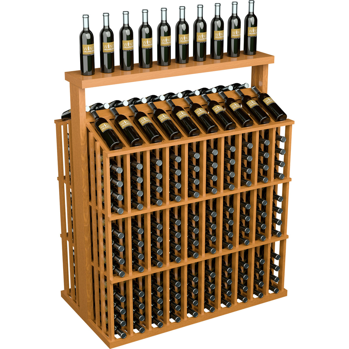 Commercial bottle aisle display with solid top, golden wood frame, front metal bottle holders.