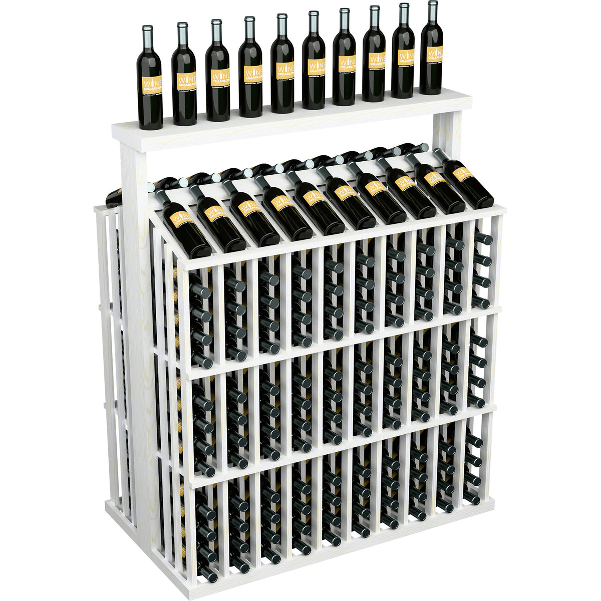 White wooden bottle aisle display with solid top, bottle rack rows with multiple bottles