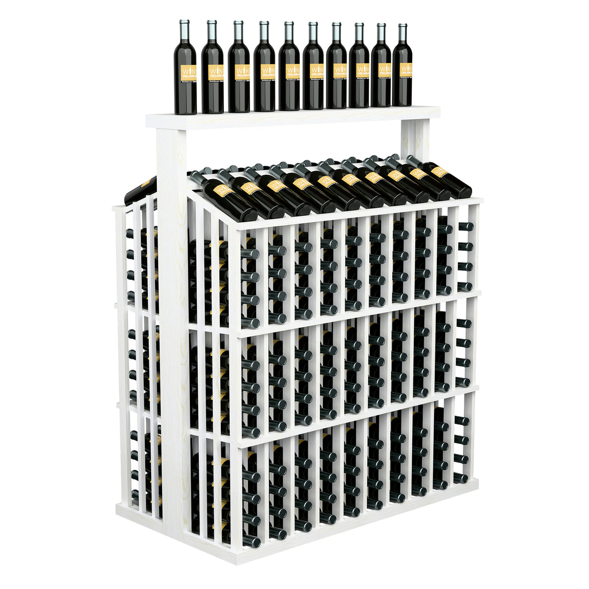 260-bottle commercial wine display with solid top, white wood frame and top bottle shelf