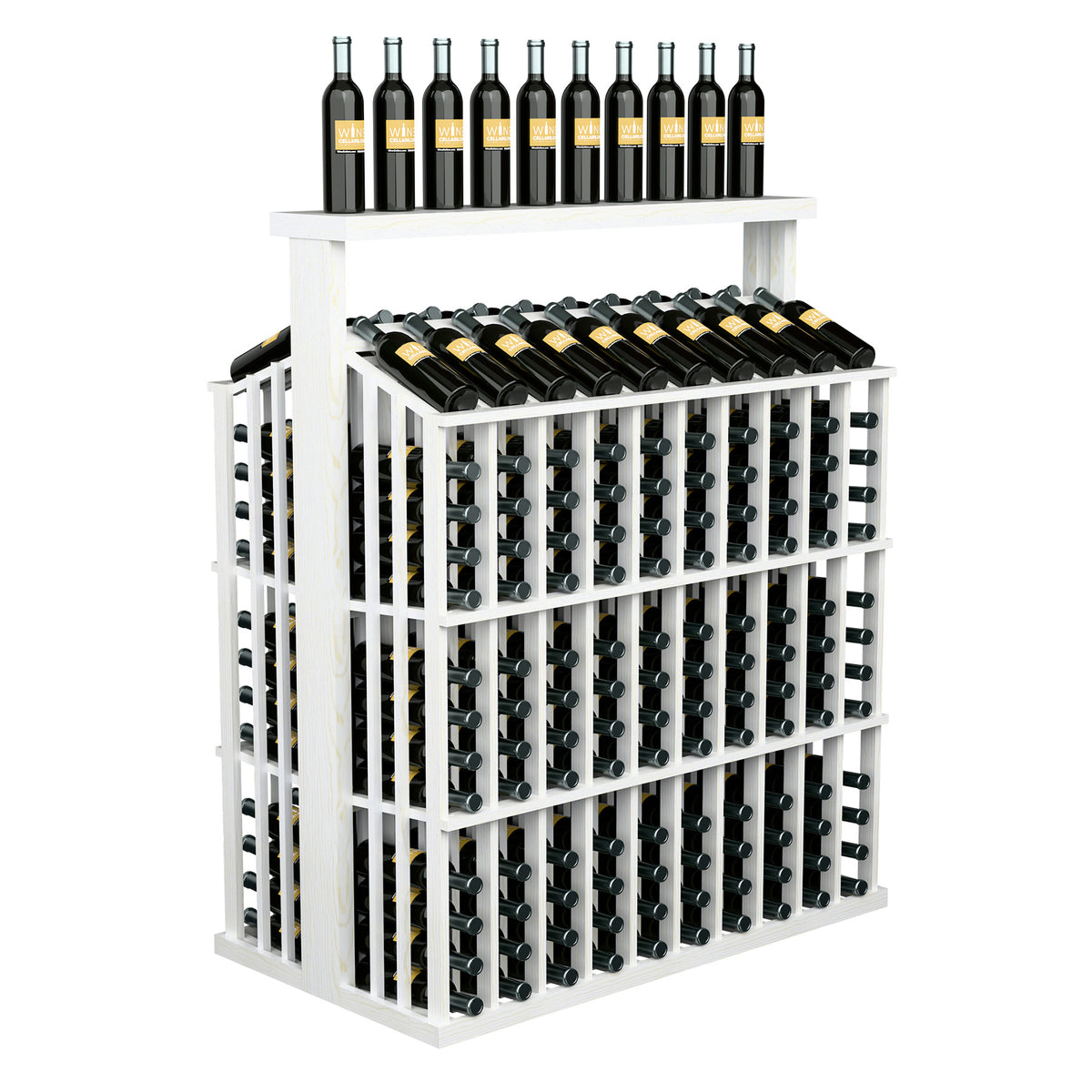 Commercial bottle aisle display with solid top, white wood frame, front lattice and bottle slots.
