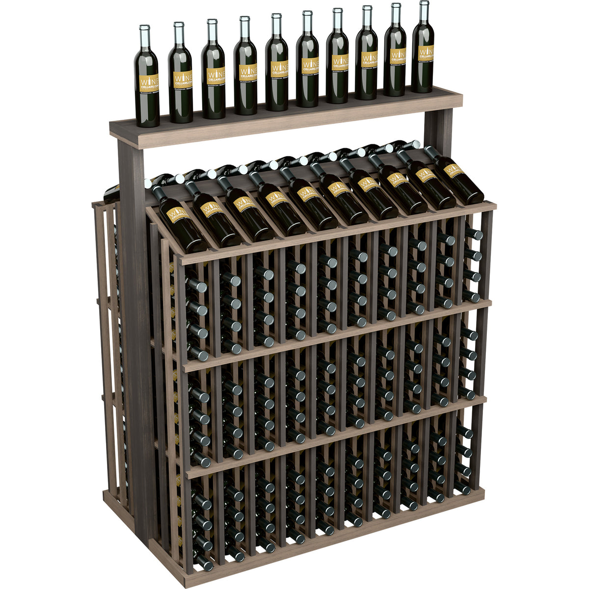 Dark wood wine bottle display with solid top, front metal-ring bottle holders