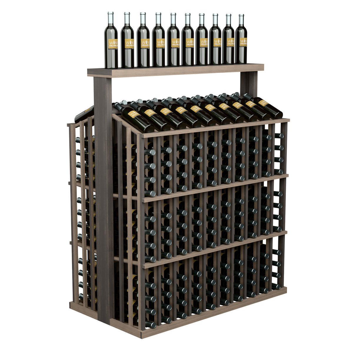 Natural wood wine bottle display rack with solid top and front bottle slots