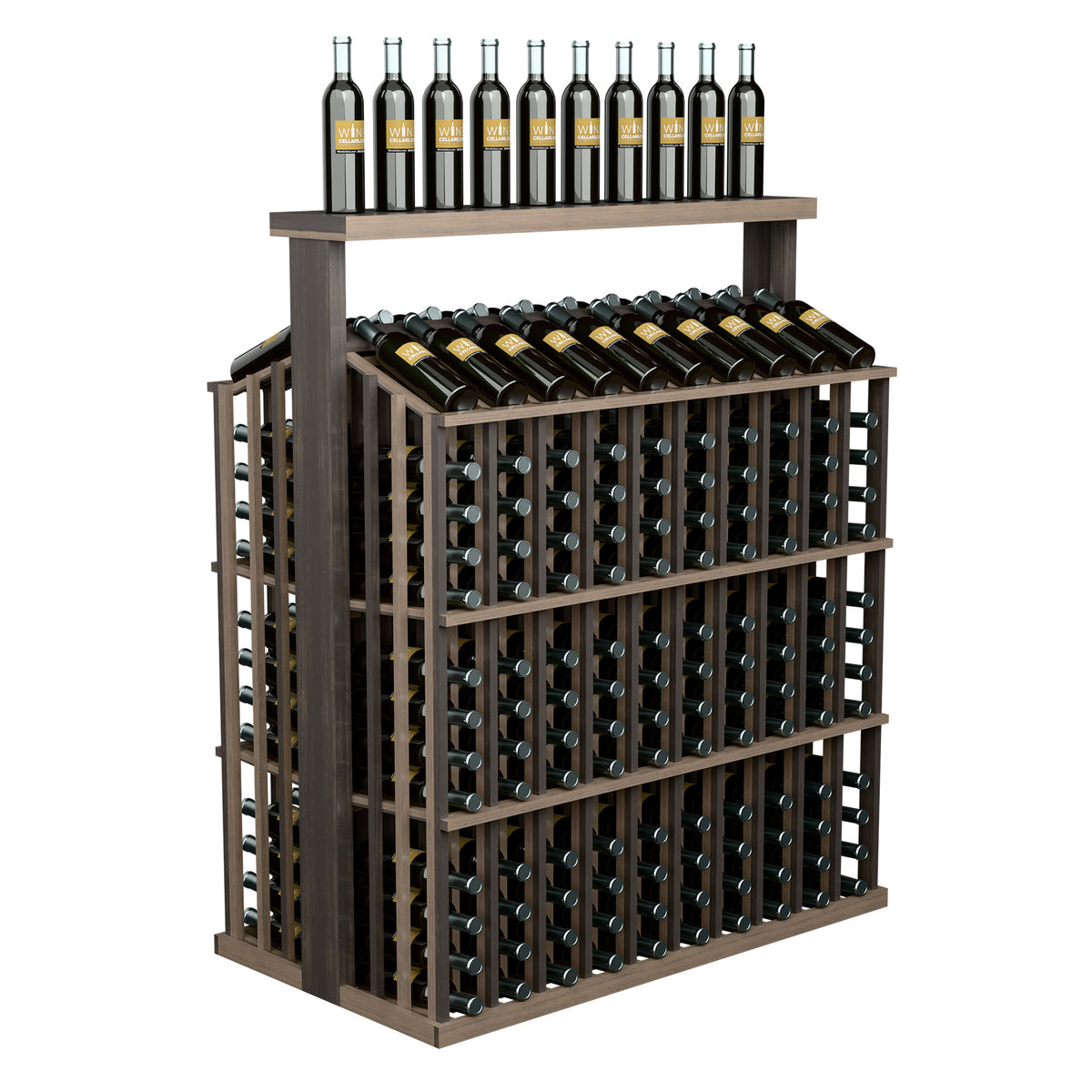 Wine bottle display rack with solid top, brown wood frame and two rows of bottles
