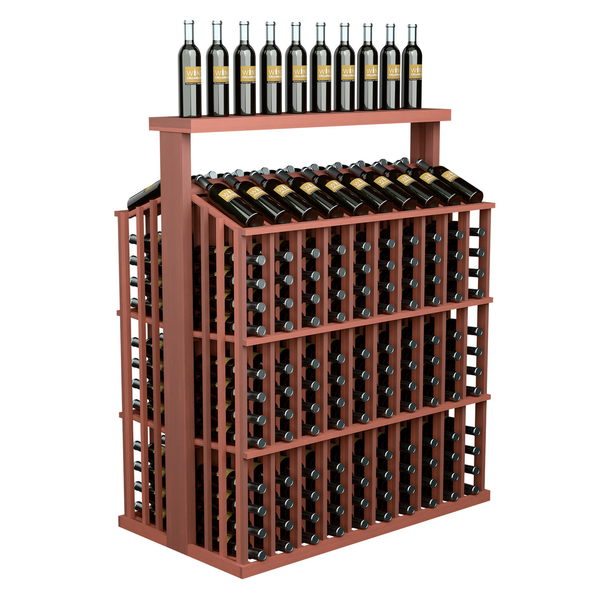 Red wood wine bottle display rack with solid top and stacked front bottle slots