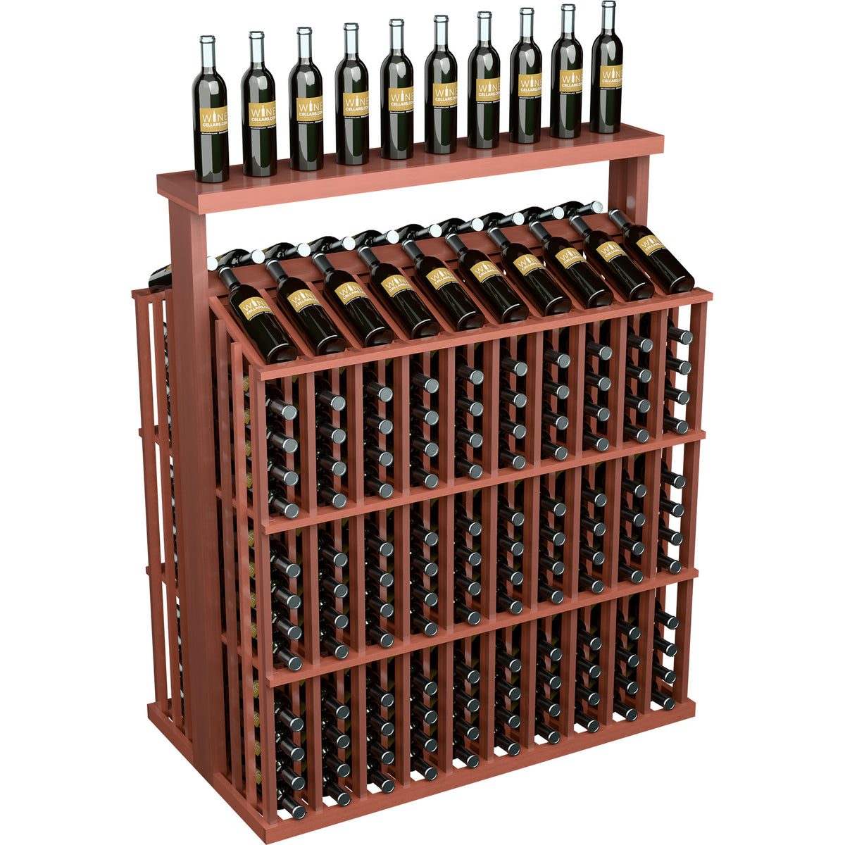 Wine bottle aisle display with solid top, reddish wood frame holding stacked bottles