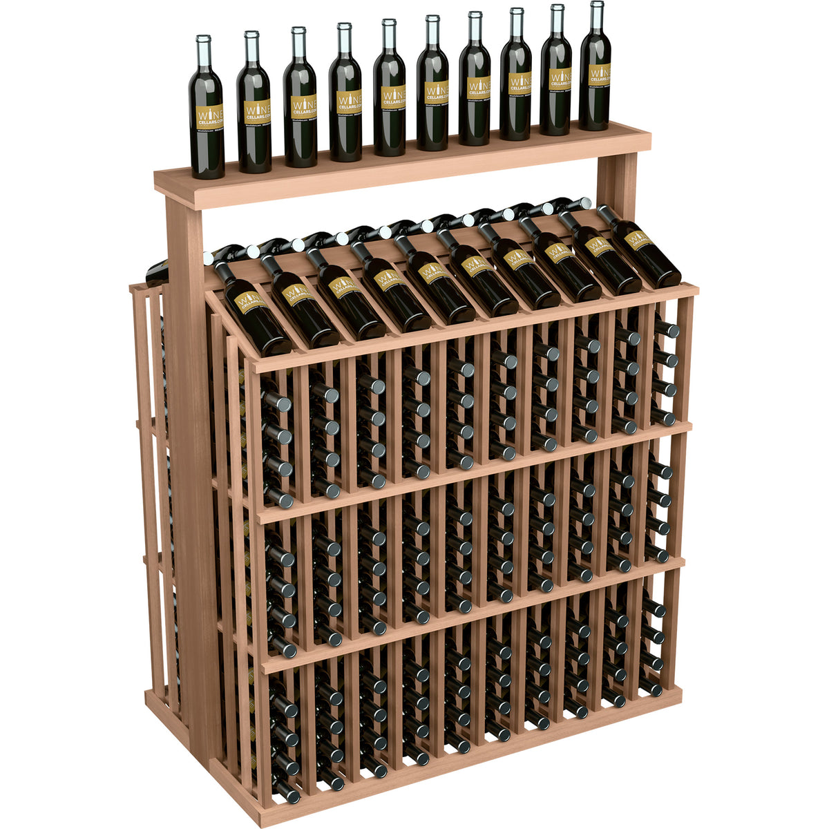 Wood wine bottle display rack with solid top, front open slots and bottles